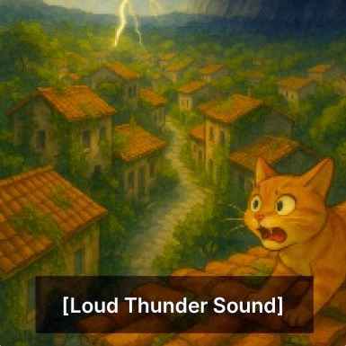 An AI generated image of a scared cat in a village with thunderstorms, with captions showing 'loud thunder sound'.