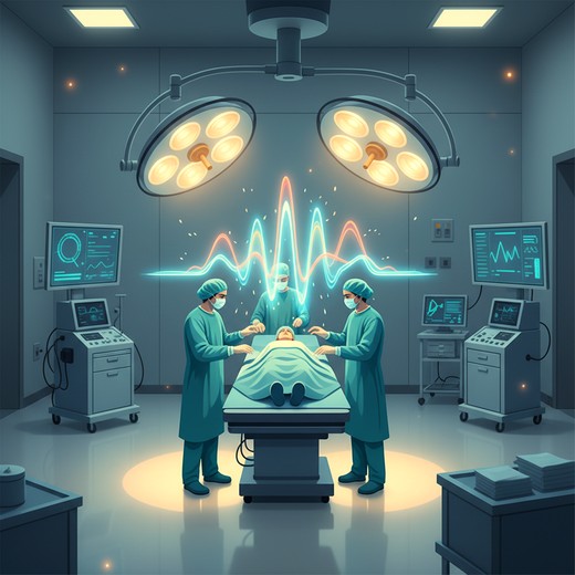 Surgeons around an operating table in an operating room with a glowing sound wave visualization floating above.