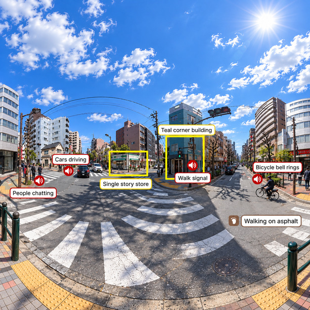 A sunny street crossing panorama with callout labels marking sounds, including a teal corner building, cars driving, and a bicycle bell.