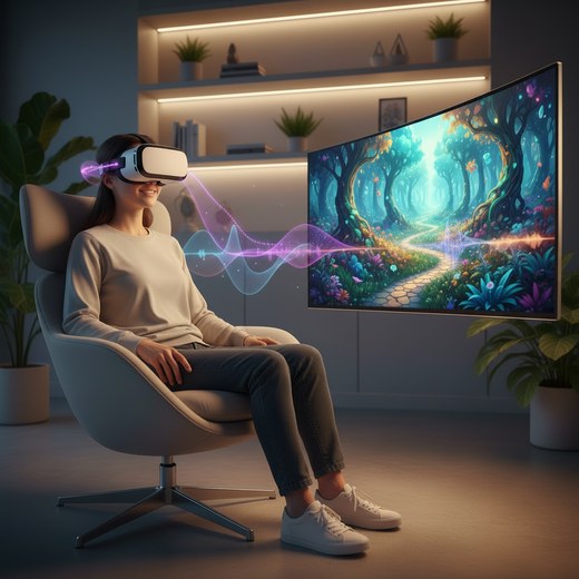 A blind person wearing a VR headset seated in a chair, exploring a colorful virtual forest shown on a large screen, with glowing audio wave visualizations floating between them.