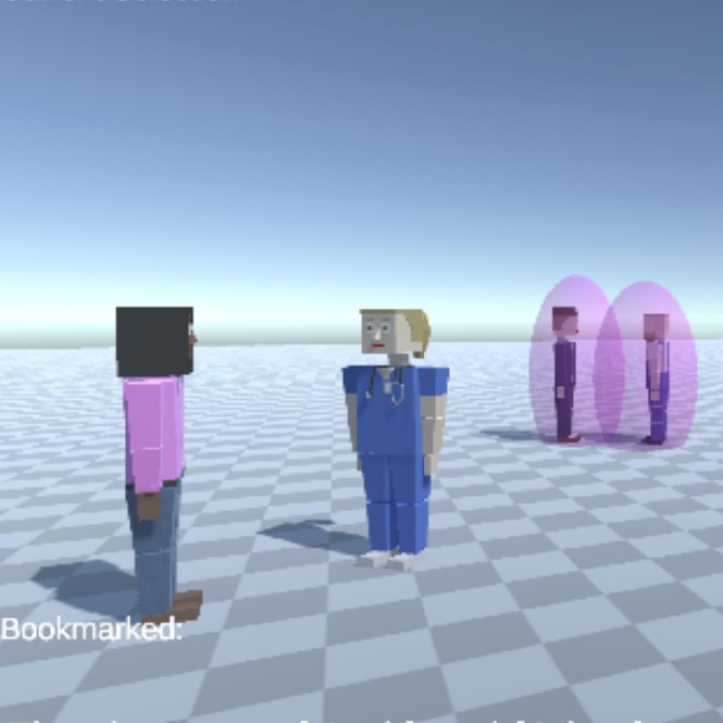 A 3D game scene with four people standing, two a bit closely and talking with an ellipse drawn around them to highlight the speakers.