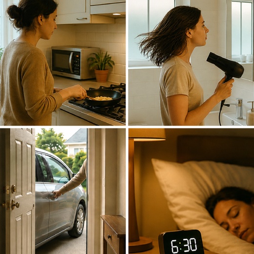 A 2x2 grid of four everyday scenes: a person cooking in a kitchen, a person drying their hair in a bathroom, a person opening a car door, and a person sleeping next to a digital alarm clock.